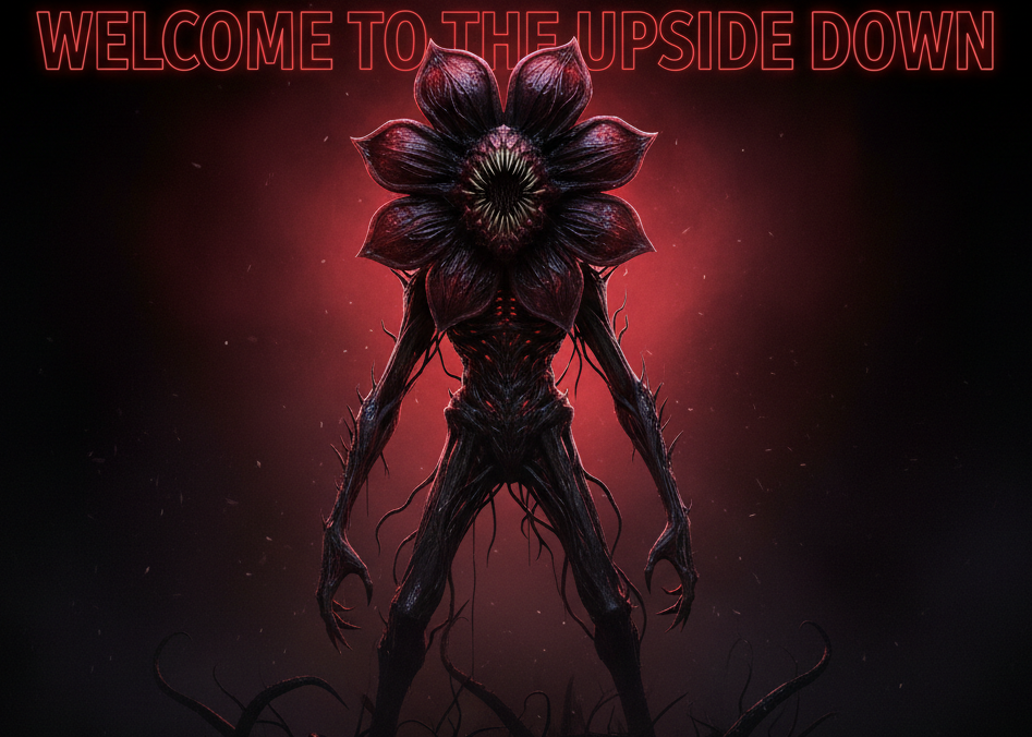 A terrifying Demogorgon-like creature standing in the center of a pitch-black, foggy void. The monster is hyper-detailed with wet, organic textures, sharp teeth, and thorn-covered veins weaving across its limbs. Deep red neon text at the top reads “WELCOME TO THE UPSIDE DOWN” in a glowing 80s horror style font, slightly overlapping the creature’s head. Add subtle drifting ash particles, creeping tendrils in the shadows, and a faint red mist behind the creature. Highly cinematic lighting, horror movie poster